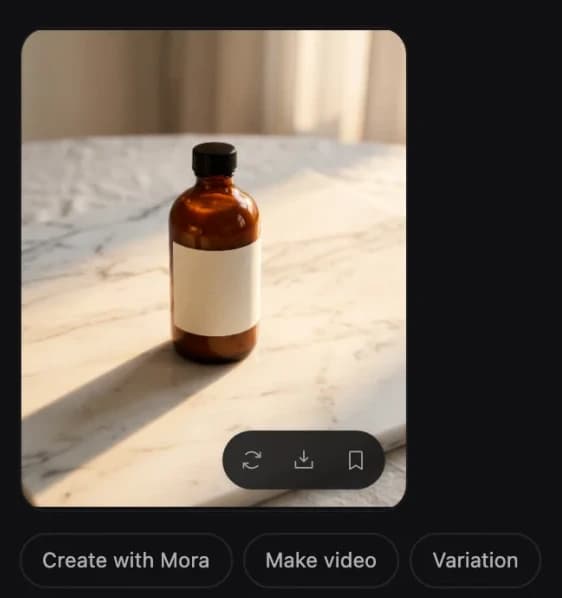 A generated product photo beside the Mora composer, drafting a post