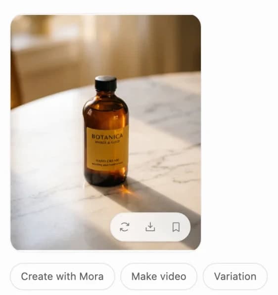 A generated product photo beside the Mora composer, drafting a post