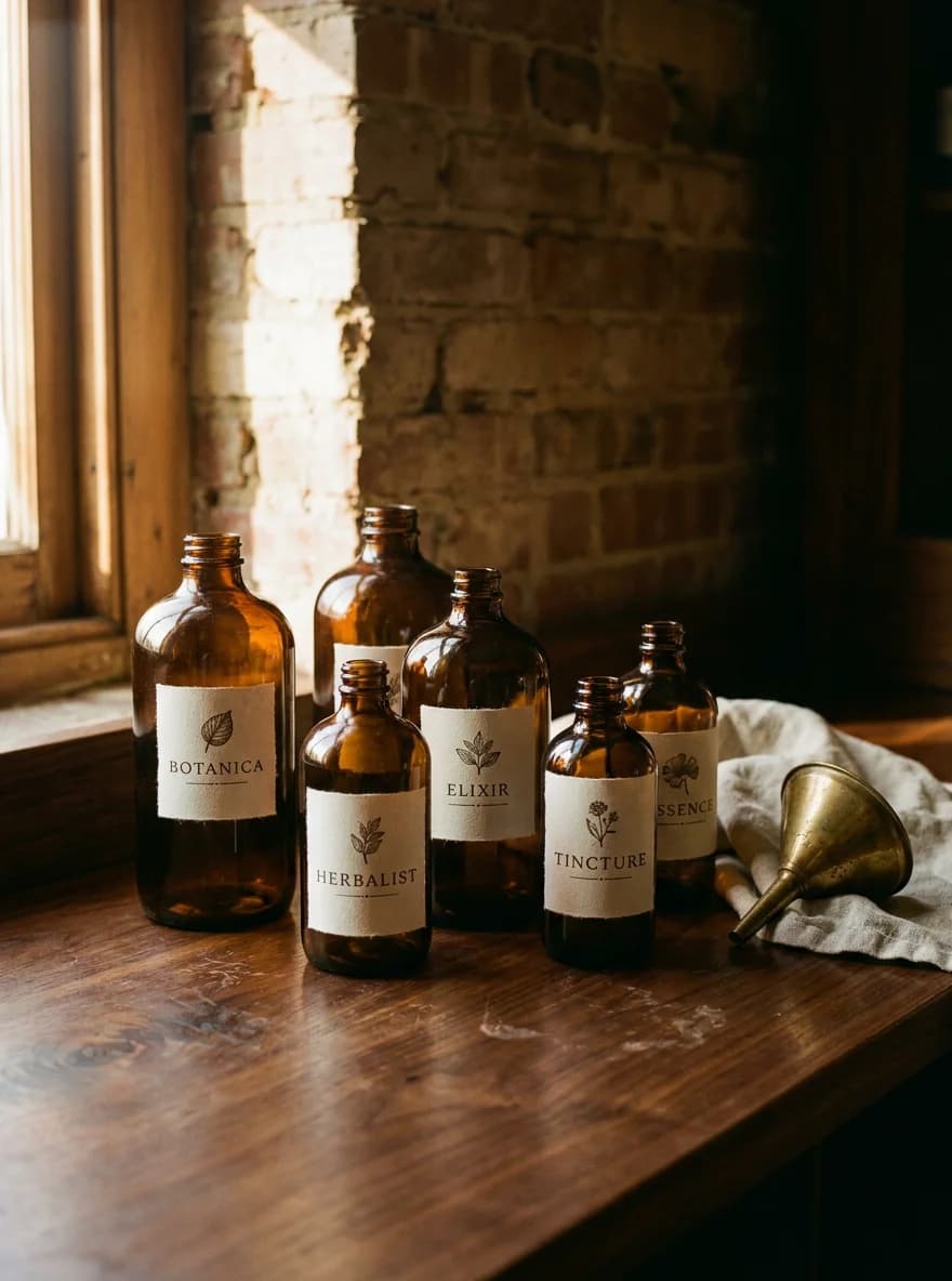 Apothecary shelf with letterpress-labeled botanical bottles