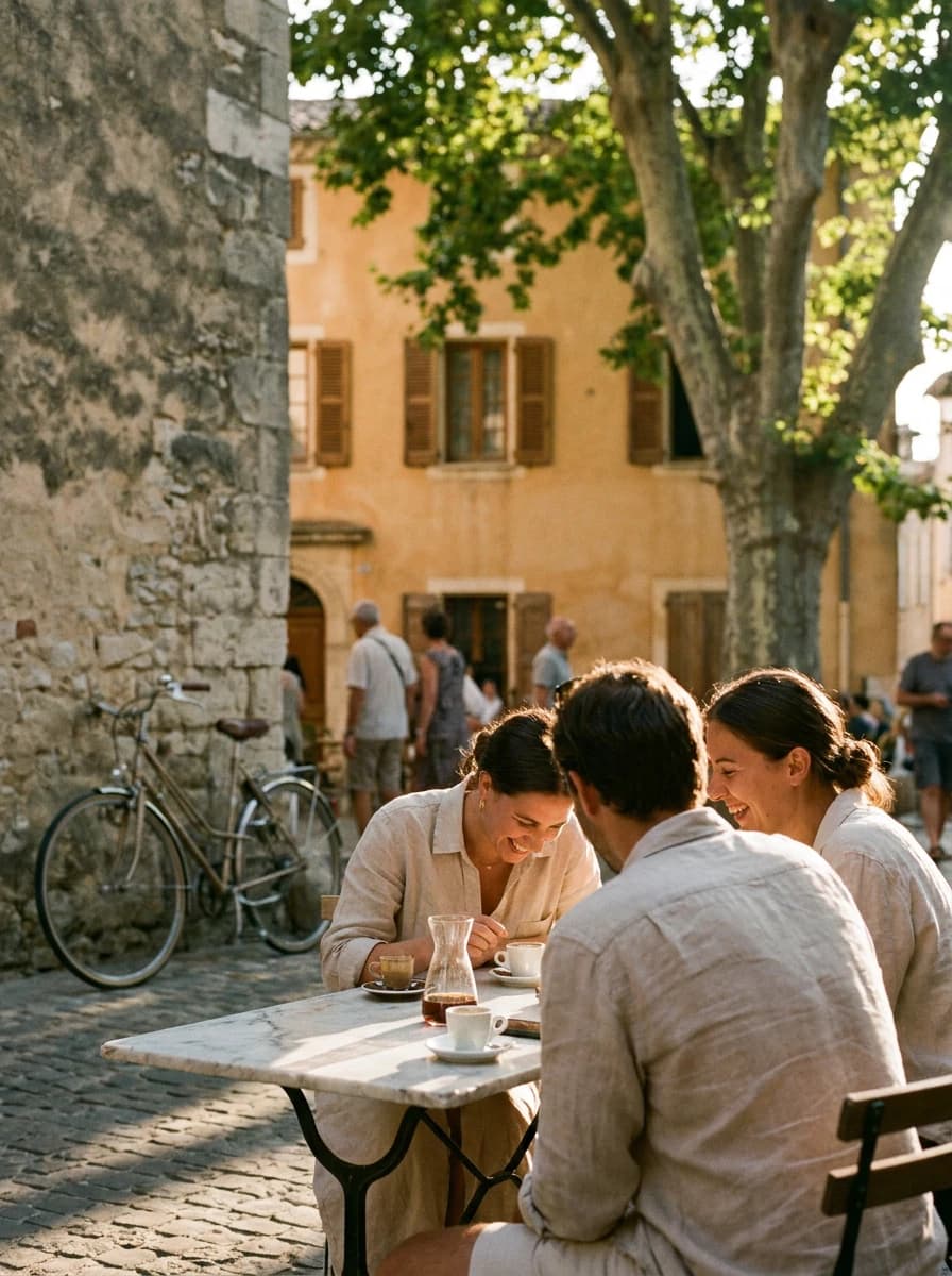 A warm cafe interior at golden hour, shot over the shoulder of a seated figure