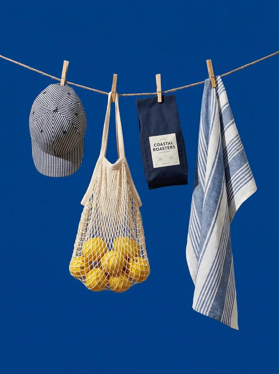 Fashion pieces on a clothesline against a cobalt backdrop