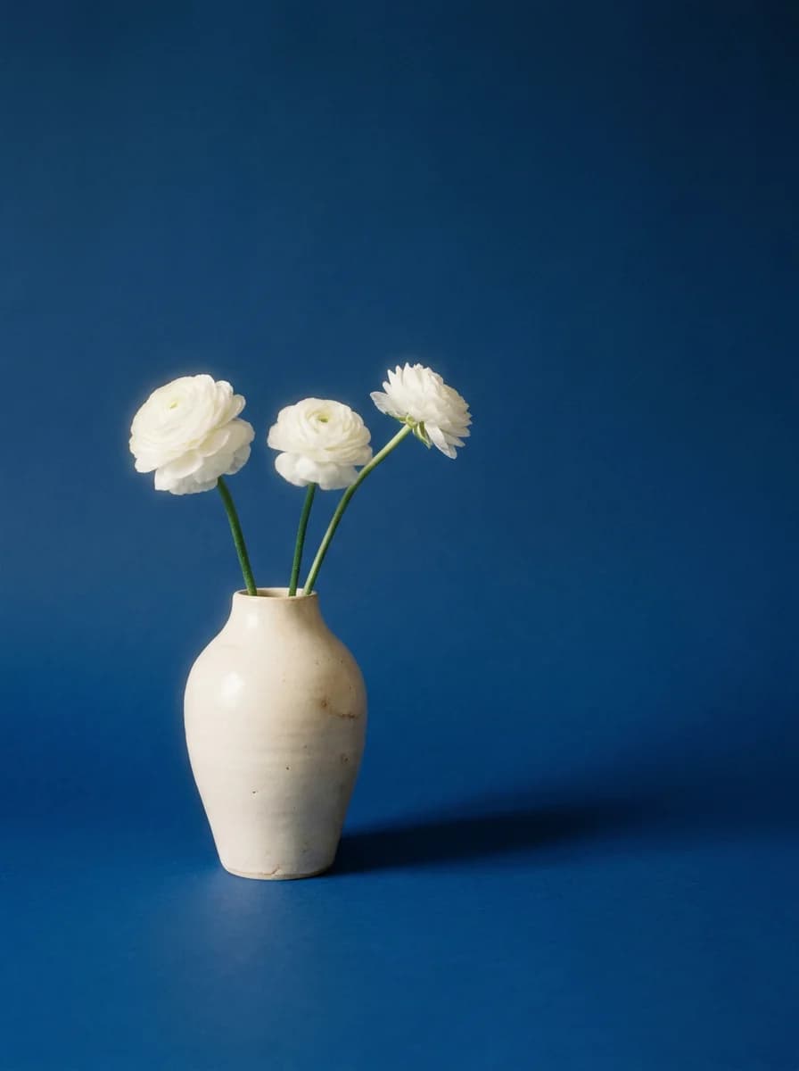 White ranunculus in a ceramic vase against cobalt