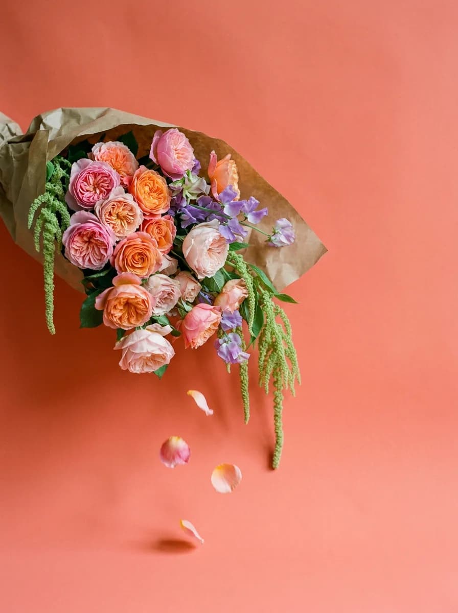 Saturated coral flat-lay with floating flower petals