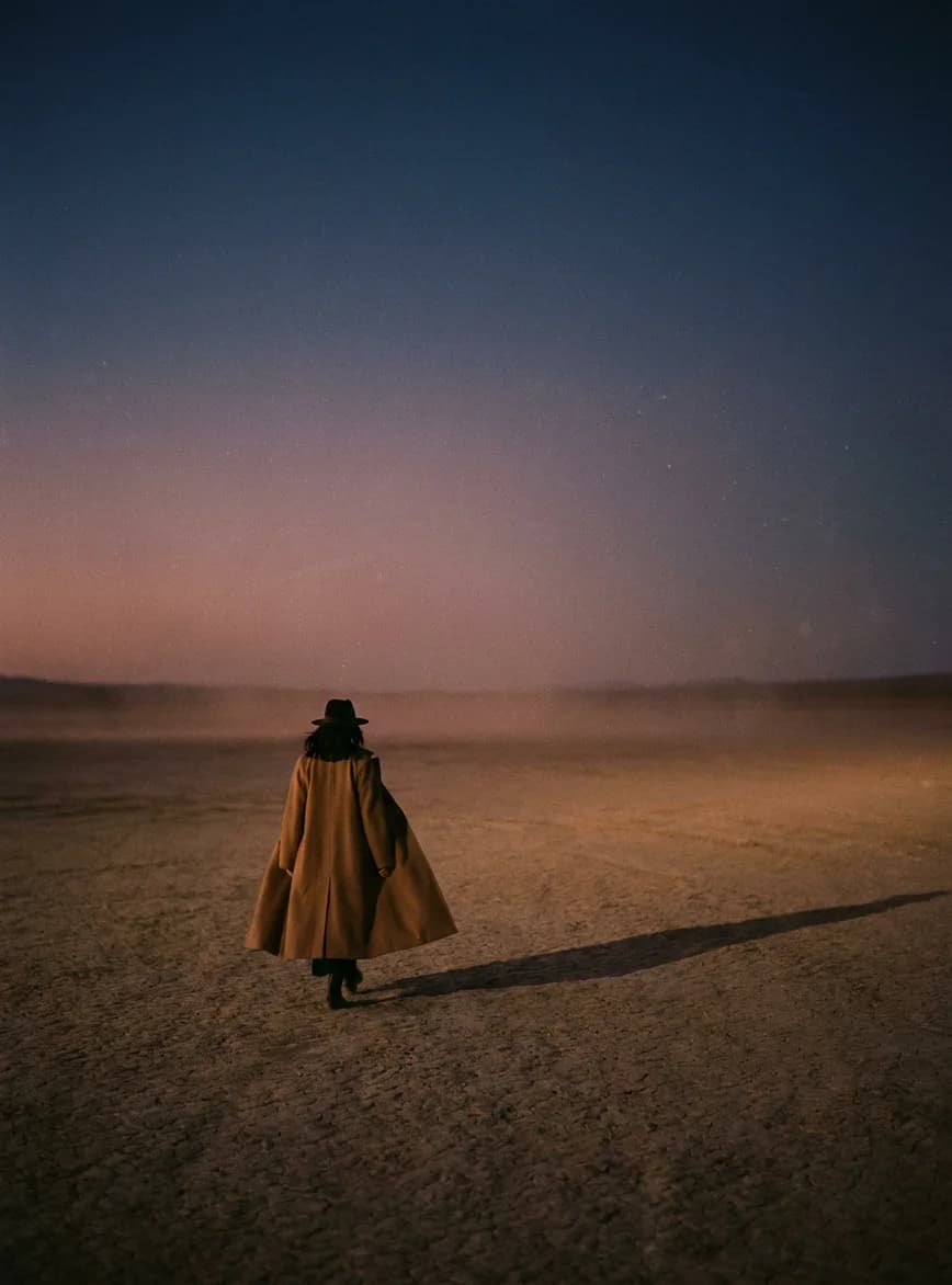 A lone figure walking away across a desert dune at dusk, dwarfed by a huge clay-and-sky gradient