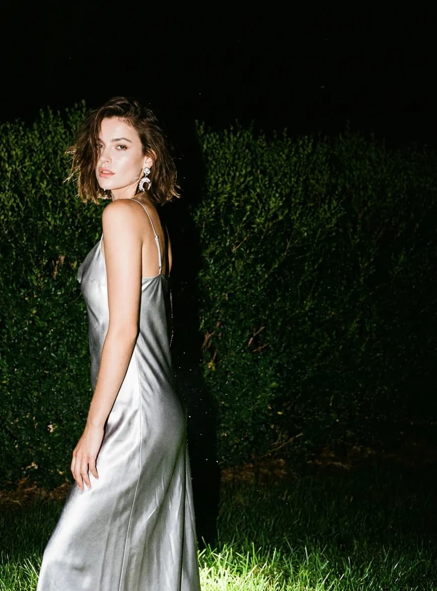 A flash-lit fashion portrait in silk against a dense green hedge