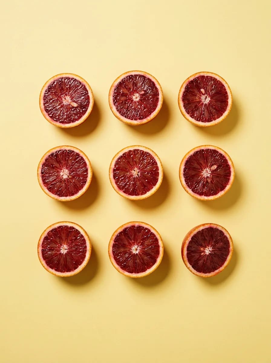 Citrus halves arranged in a grid on a golden field