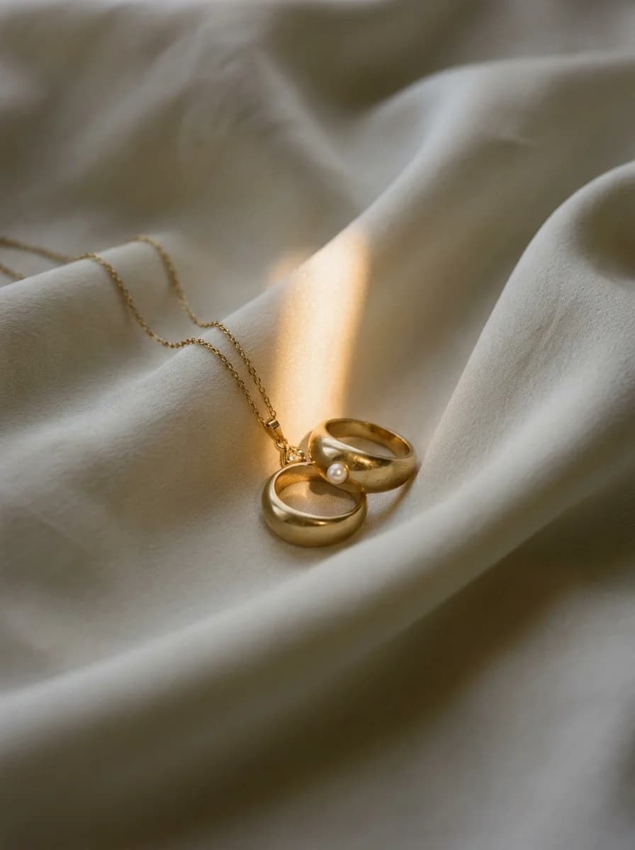 Gold jewelry draped on silk in warm light
