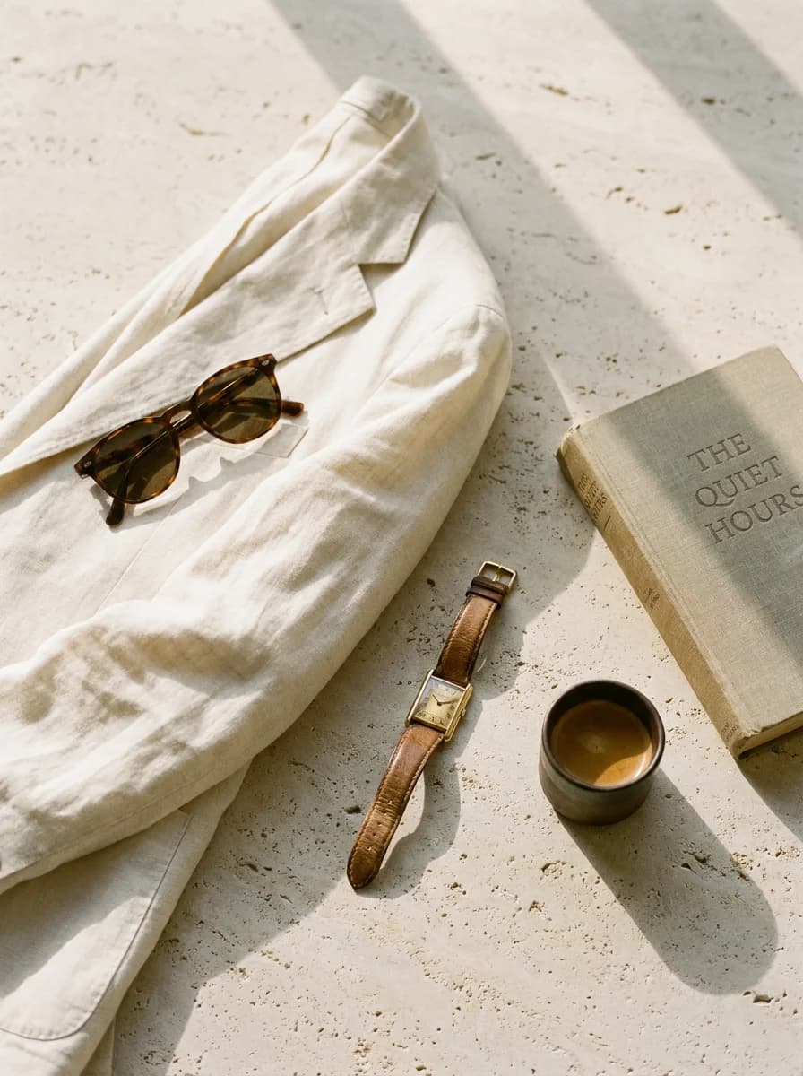 Linen menswear flat lay styled with a book