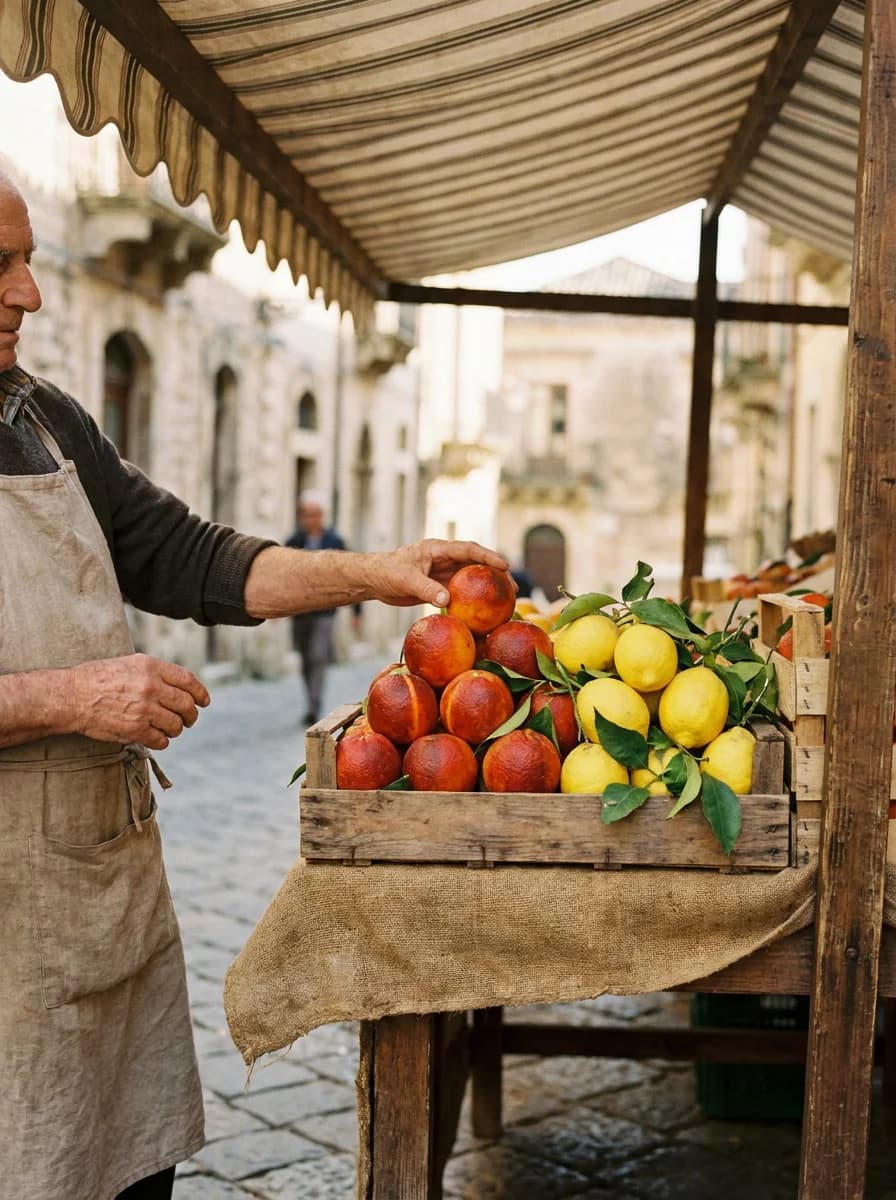 A market vendor stacking blood oranges beside lemons in a wooden crate at a Mediterranean stall