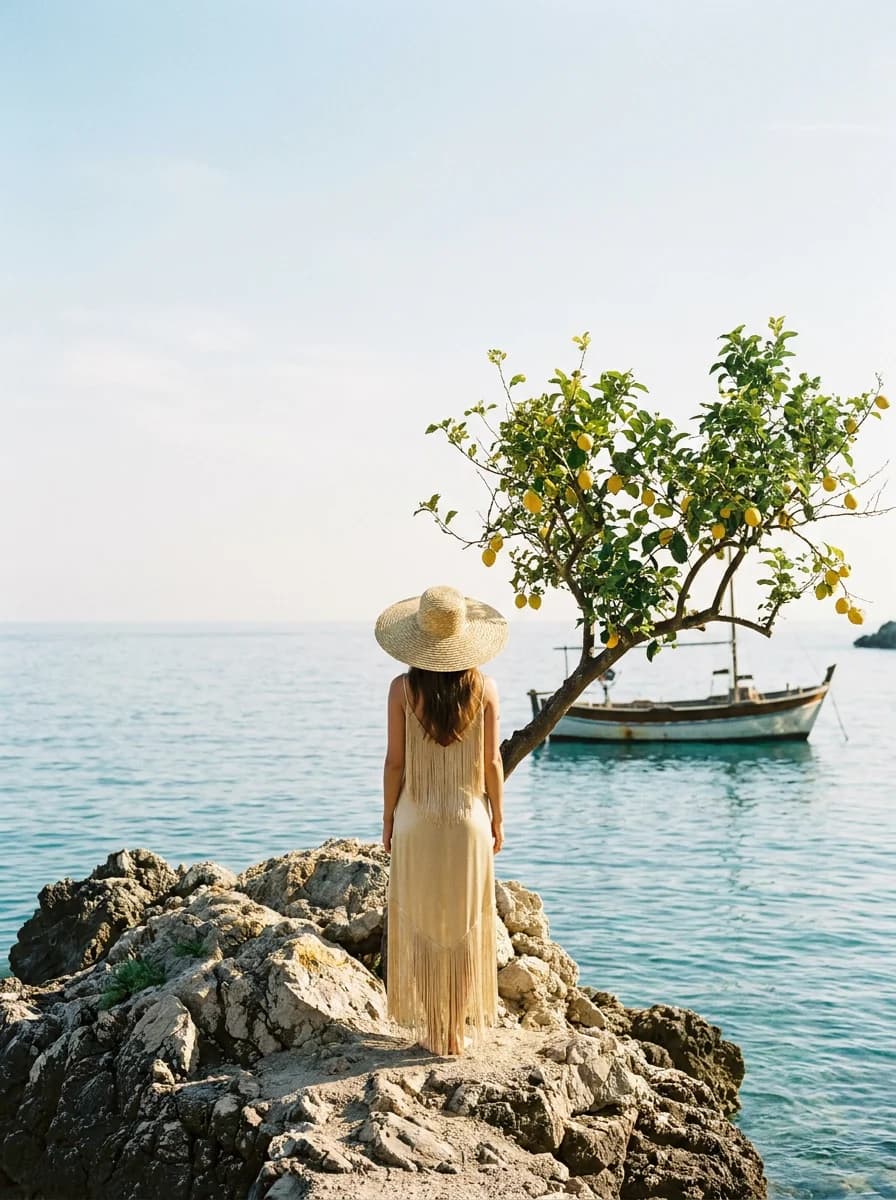 Coastal fashion editorial, shot from behind against the shoreline