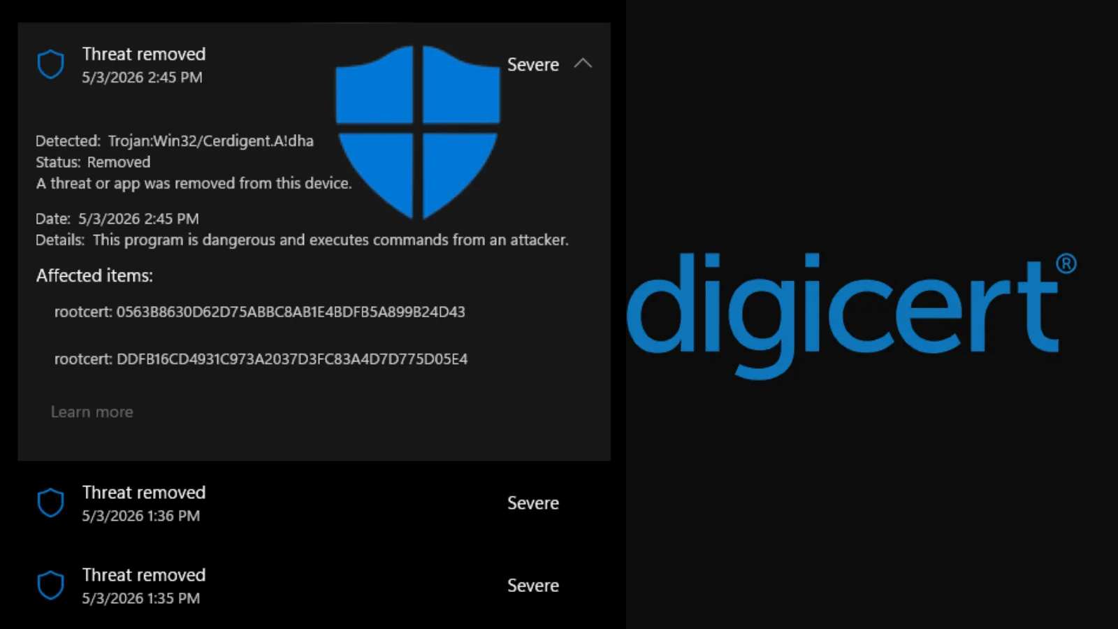Microsoft Defender falsely flags DigiCert certificates as malware