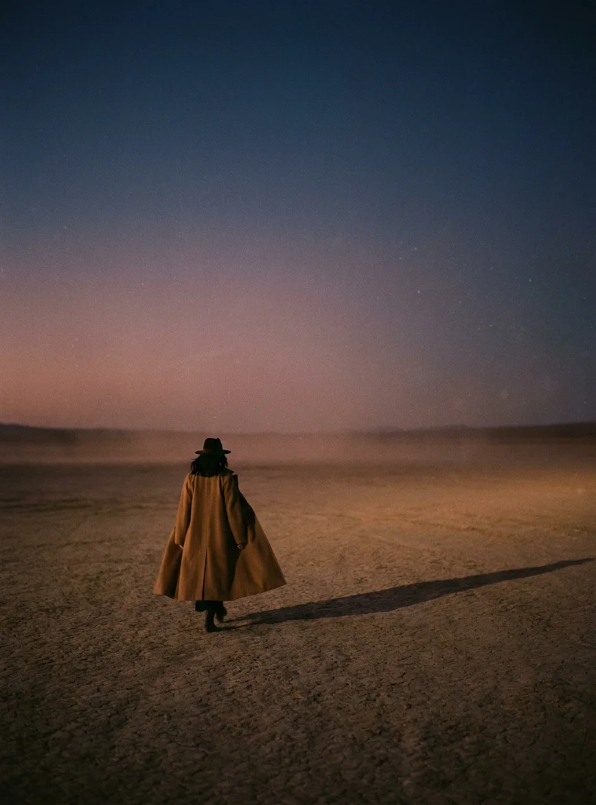 A figure walking a dune ridge at dusk