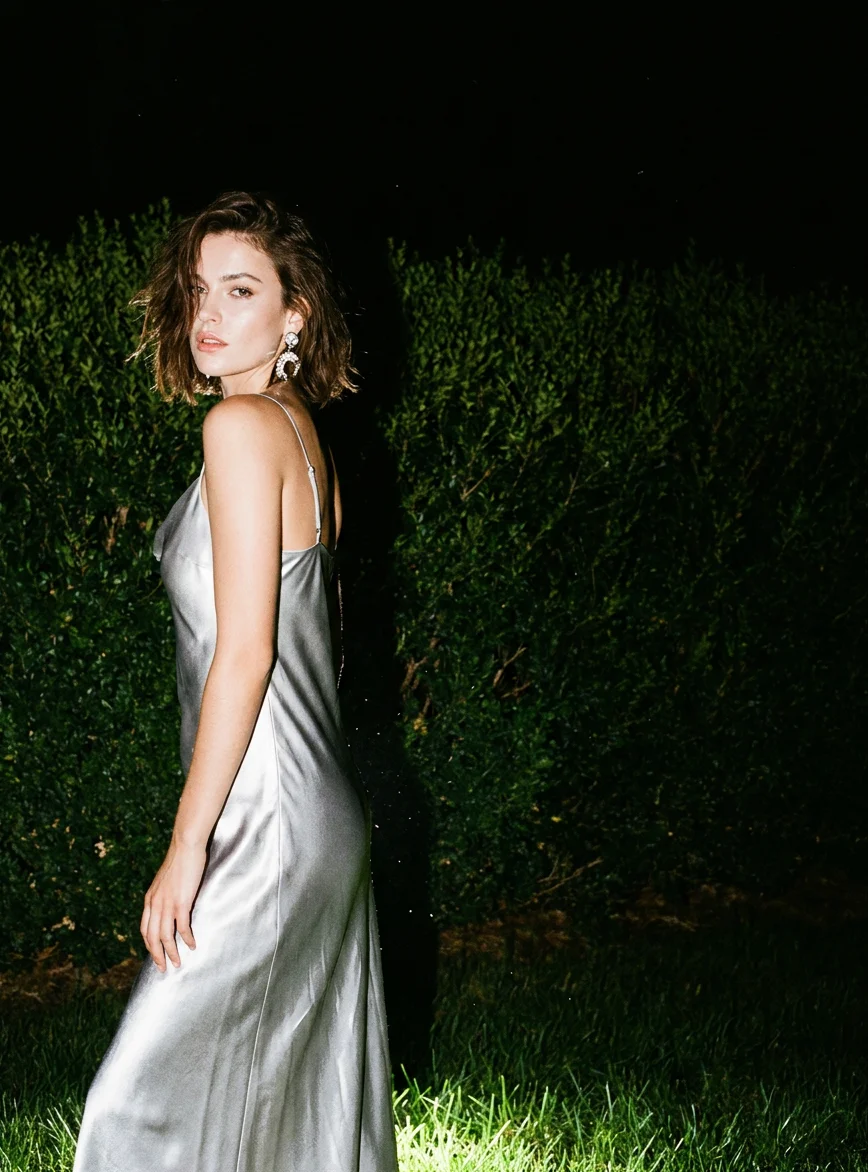 A silk dress against a hedge, lit by flash