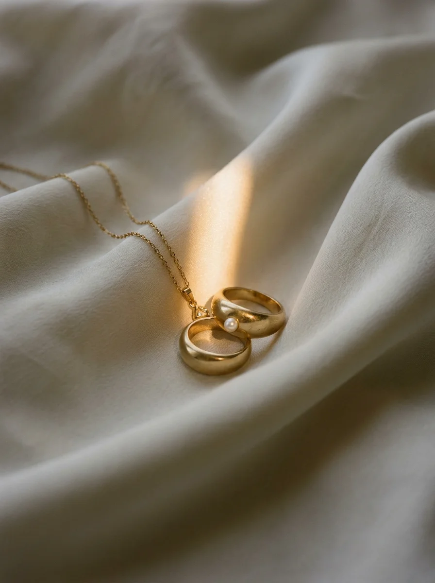 Gold jewelry draped on silk in warm light