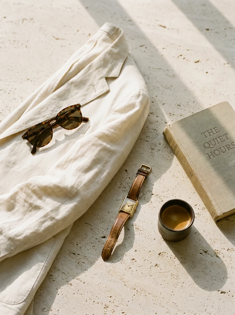 Linen menswear on a hanger in soft light